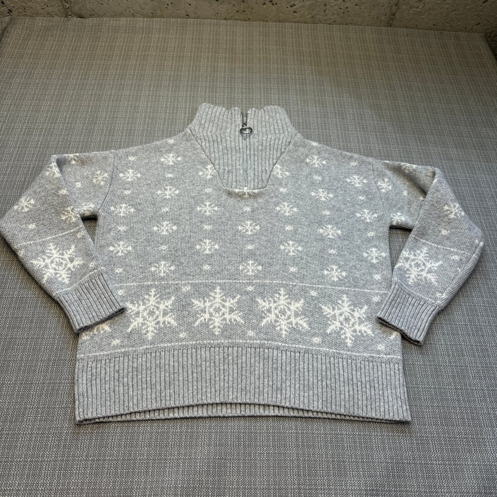 Talbots Gray Snowflake 1/4‎ Nordic Zip Pullover Sweater Medium Merino Wool Blend